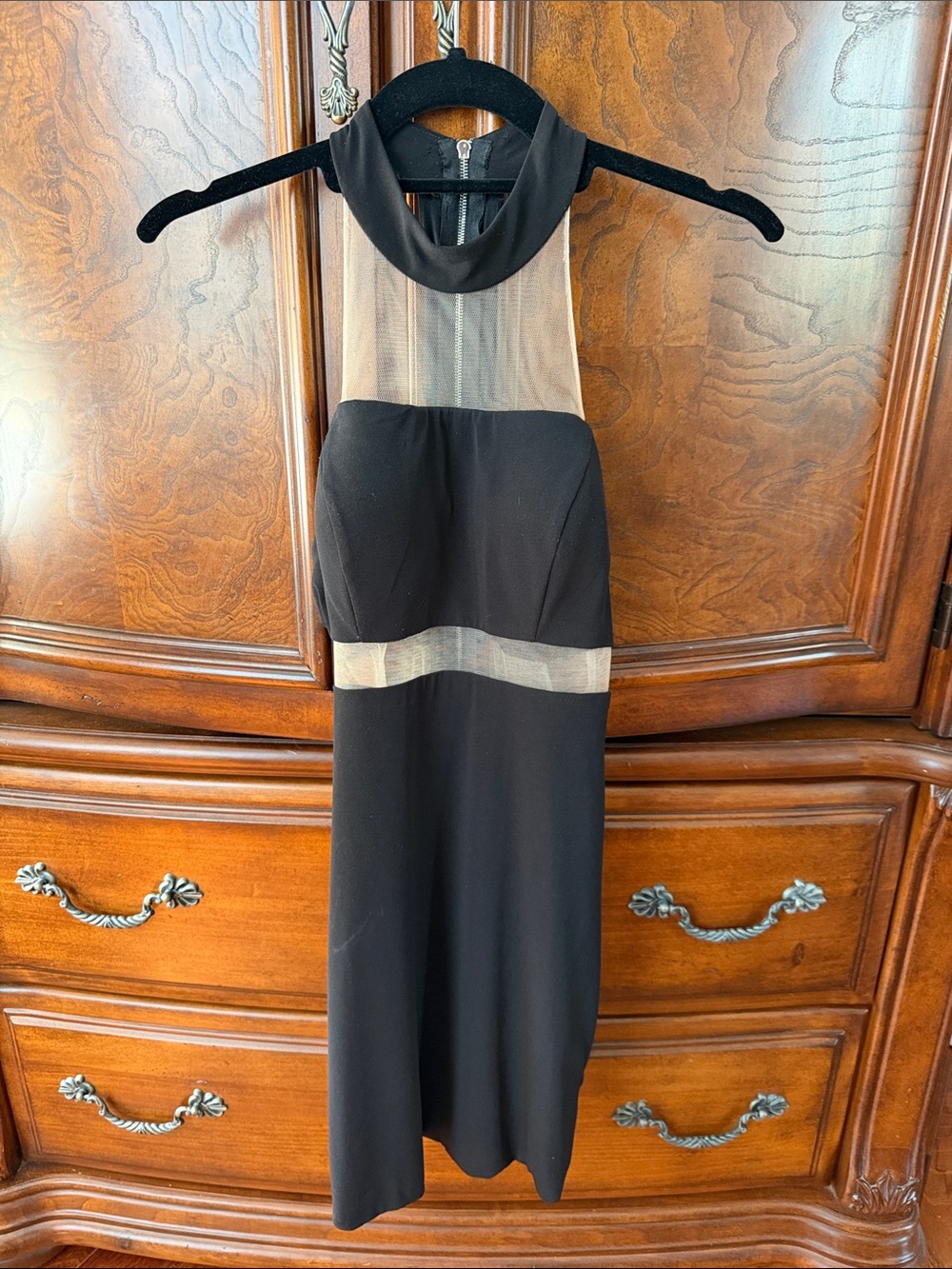 Terani Couture Black Midi Dress with Beige Sheer Panels NWOT